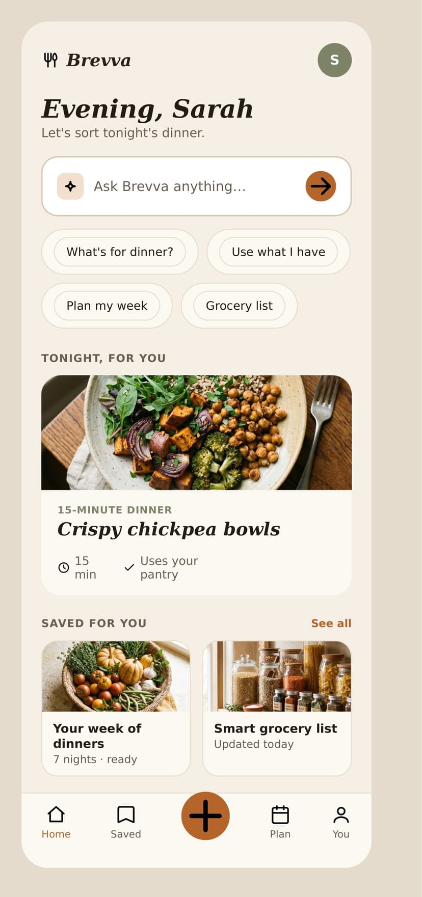Brevva mobile home screen showing dinner suggestions, saved meal plans, and an ask-anything food support chat