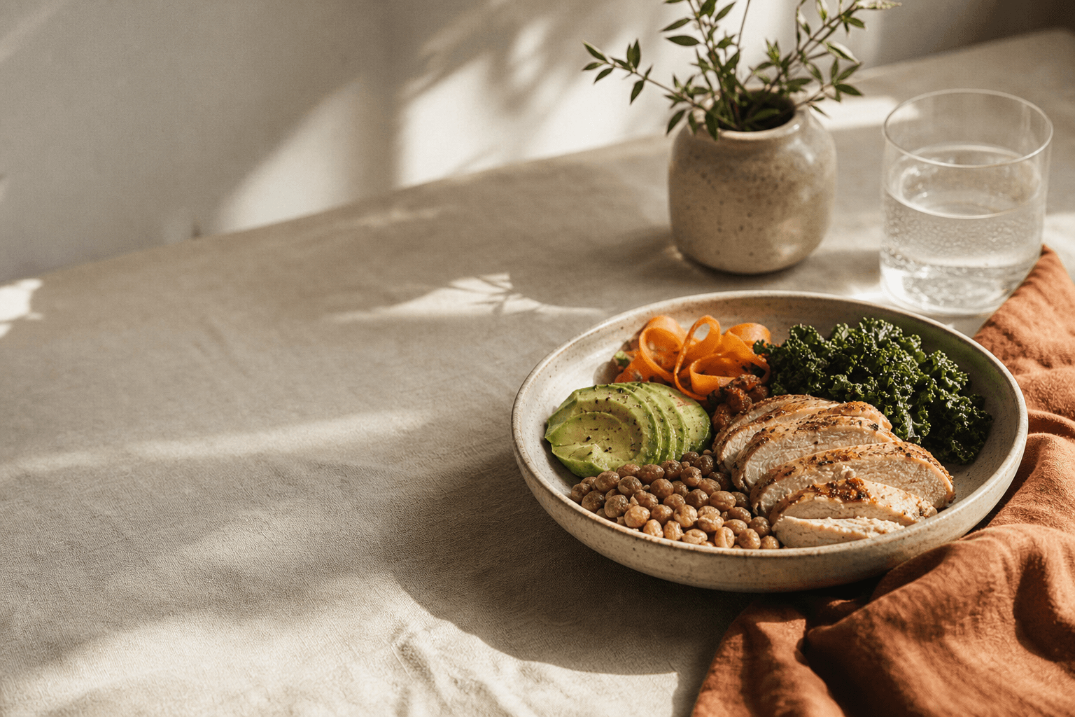 A nourishing grain bowl with greens, sweet potato, chickpeas and broccoli on a warm linen napkin